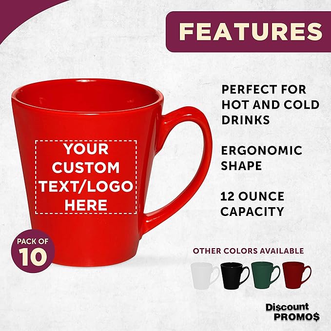 DISCOUNT PROMOS Custom Glossy Ceramic Latte Coffee Mug 12 oz. Set of 10, Personalized Bulk Pack - Perfect for Tea, Espresso, Cappuccino, Hot Cocoa - Red