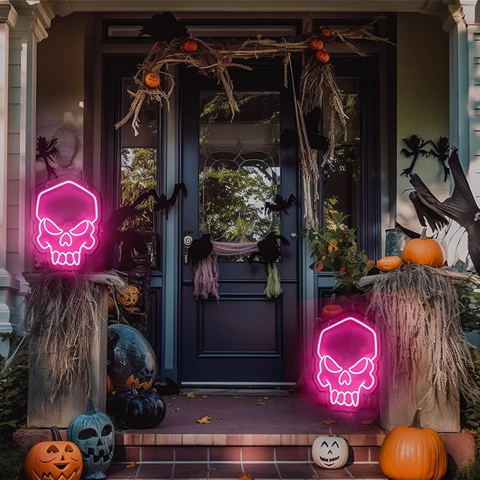 Skull Neon Sign Pink,Halloween Neon Light for Wall Decor, Skeleton LED Neon Sign for Beer Bar Bedroom Art,Skull Head Neon Lights Suitable for Computer Room,5V USB Power 15.75 * 11.8in(Non-Dimmable)