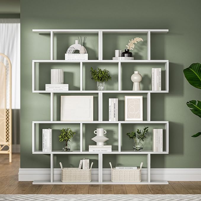 White 5-Tier Geometric Bookcase, S-Shaped Modern Bookshelf Set of 2, 62.6" Tall Room Divider Book Shelf, Decorative Display Shelf