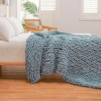 WESHIONGOO Chunky Knit Blanket Throw 50"×60" Knitted Throw Blankets for Couch Bed Fluffy Soft Blanket with Jumbo Chenille Yarn Thick 100% Handmade(Dusty Blue)