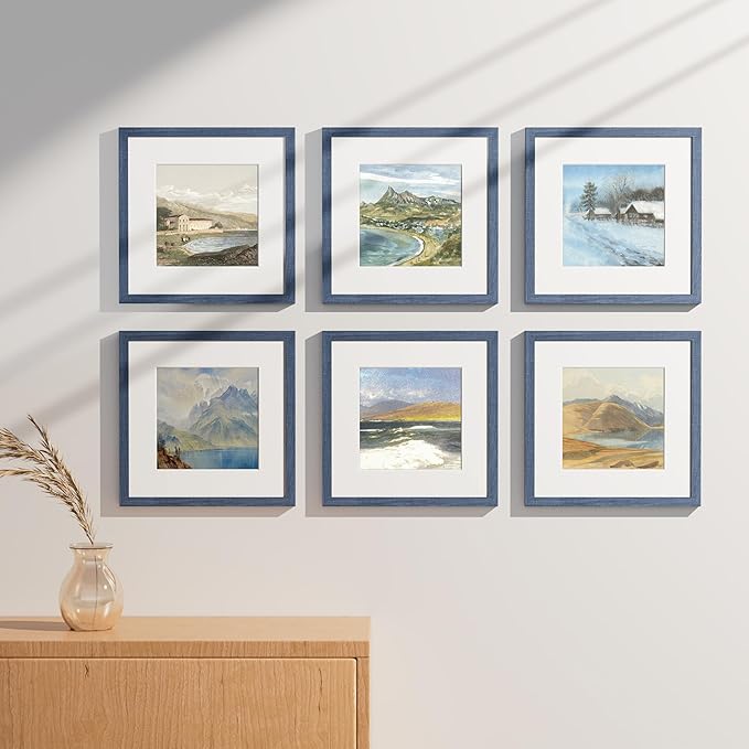 Vittanly 12x12 Picture Frames Set of 9, Shatter Resistant Plexiglass, Display 8x8 Pictures with Mat or 12x12 without Mat, Photo Frames for Wall Mount, Engineered Wood, Navy