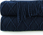 inhand Knitted Throw Blankets for Couch and Bed, Soft Cozy Knit Blanket with Tassel, Dark Blue Lightweight Decorative Blankets and Throws, Farmhouse Warm Woven Blanket for Men and Women, 60"x80"