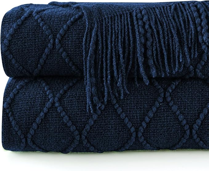 inhand Knitted Throw Blankets for Couch and Bed, Soft Cozy Knit Blanket with Tassel, Dark Blue Lightweight Decorative Blankets and Throws, Farmhouse Warm Woven Blanket for Men and Women, 60"x80"