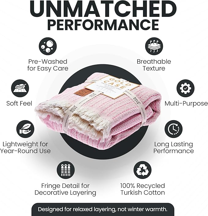 Gold Case Throw Blanket for Couch – 100% Recycled Turkish Cotton Blankets & Throws – Elegant Decorative Throw Blankets for Living Room Sofa – Woven Throws for Couch – Vintage Pink – 60x80