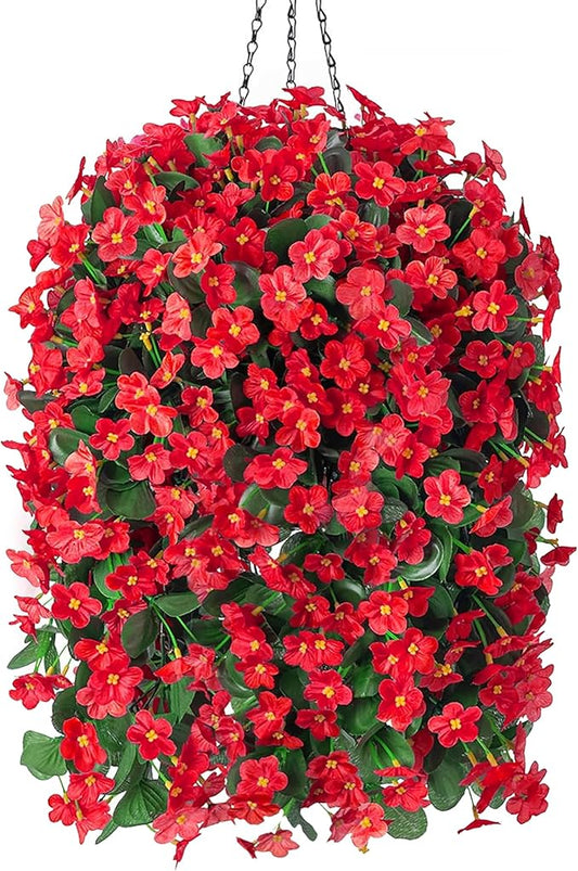 Artificial Fake Red Hanging Flowers Plants Basket for Outdoor Outside Winter Christmas Decor, Faux Silk Look Real UV Resistant Orchid for Fall Porch Garden Yard Patio Home
