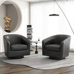 Swivel Barrel Accent Chair, Modern Round Faux Leather Arm Chair for Living Room, Bedroom, Comfy Club Reading Chairs for Adults(Faux Leather, Black Grey, Set of 1)