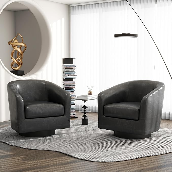 Swivel Barrel Accent Chair, Modern Round Faux Leather Arm Chair for Living Room, Bedroom, Comfy Club Reading Chairs for Adults(Faux Leather, Black Grey, Set of 1)