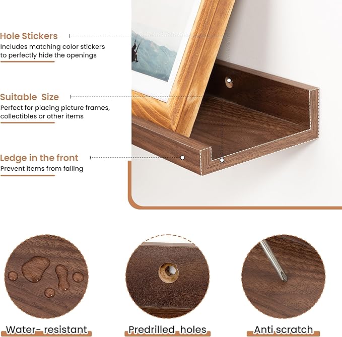 Fun Memories Picture Ledge Shelves Set of 2, 24 Inch Rustic Wall Mounted Floating Shelves with Lip for Home Storage and Décor in Bathroom, Kitchen, Nursery, Bedroom, Living Room, Walnut