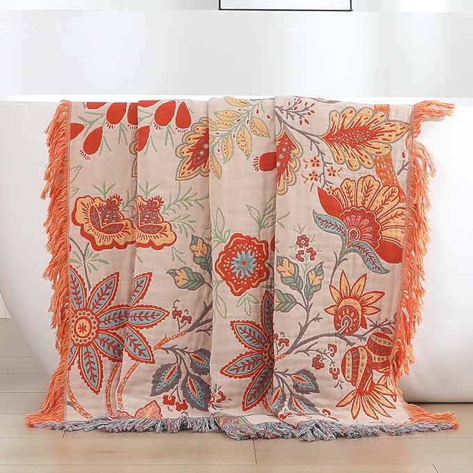 Boho Fall Throw Blanket for Bed，100% Ultra Cotton Soft Breathable Bed Throw Floral Printed Farmhouse Decor Rustic Bed Throws for Couch Sofa Quilt 90" x 98"-Orange& Sage Green