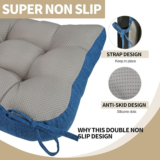 BUYUE Chair Cushion Set for Rocking Chair, Back Pillow & Seat Cushion with Ties, Original Woven Fabric Non-Slip Chair Pads for Elderly Sitting, Blue