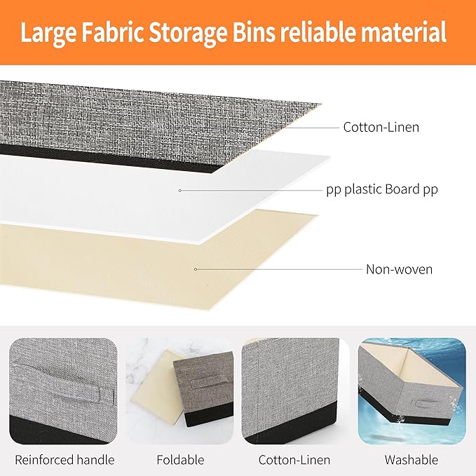Linen Folding Storage Bins, 3 Pack Large Storage Baskets, Washable, Clothing Storage Bins with Handle, Closet Organizer for Storage Sweater,Sheets (gray black, 18½"x13½"x8½")