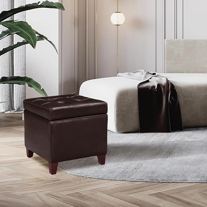 Adeco Bonded Leather Square Tufted Footstool, 18", Brown Storage Ottomans,