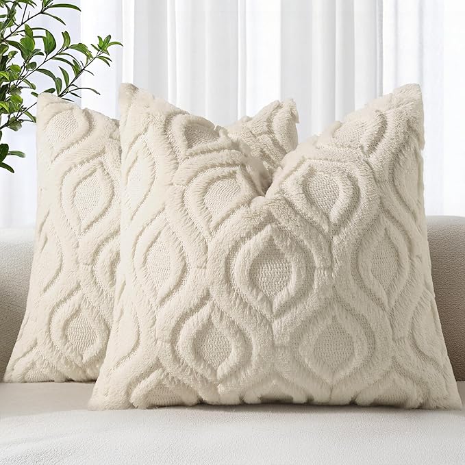 decorUhome Fall Throw Pillow Covers 24x24 Inch Set of 2, Soft Plush Decorative Faux Fur Beige Solid Couch Pillow Covers, Accent Farmhouse Neutral Square Euro Pillow Cases for Sofa Bed Living Room
