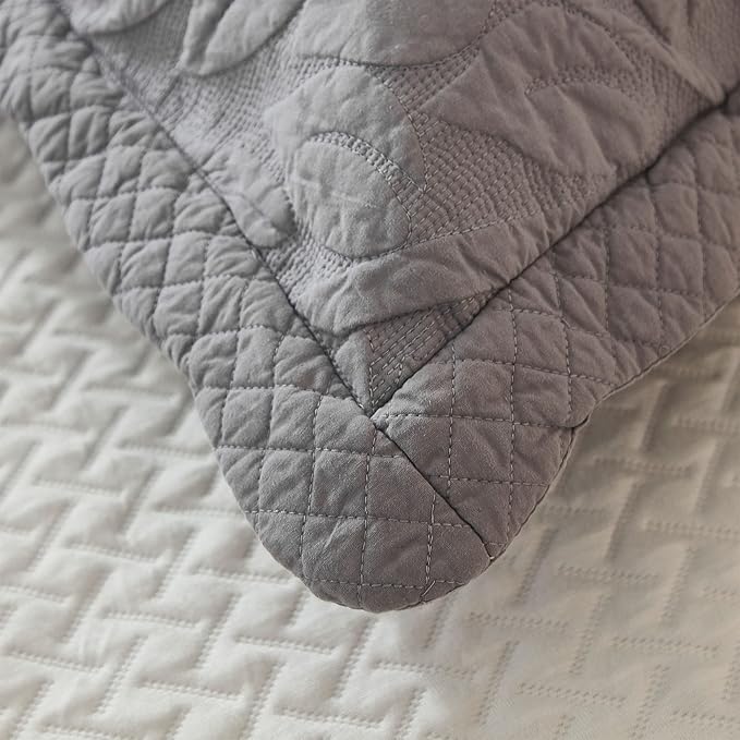 MarCielo 3-Piece 100% Cotton Oversized Bedspread Lightweight Quilt Coverlet Embroidery Farmhouse Bedding Set T0 (Light Grey, Oversized Queen (100"x106"))