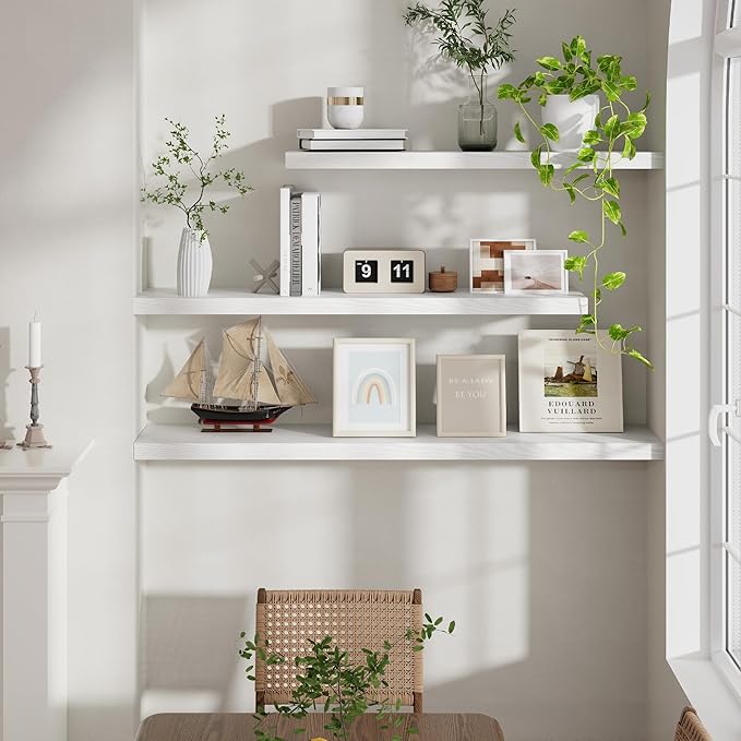 Fun Memories Floating Shelves 48 Inch Set of 2, White 48 x 9 Wall Shelves for Home Decor Storage, Rustic Wood Floating Shelf for Wall, 9 Inch Deep Shelving for Bathroom, Living Room, Kitchen