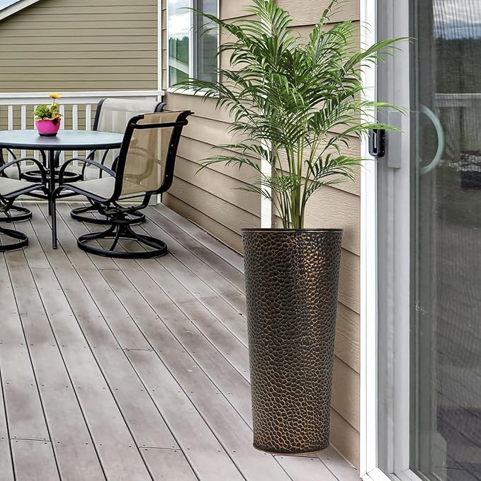 Worth Garden 2-Pack 28" H. Metal Planters with 2X Inside Pots - Hand-Hammered Texture Tall Narrow Cone Plant Pots - Large Handcrafted Bronze Flower Pot for Indoor Outdoor, Deck, Patio, Front Porch