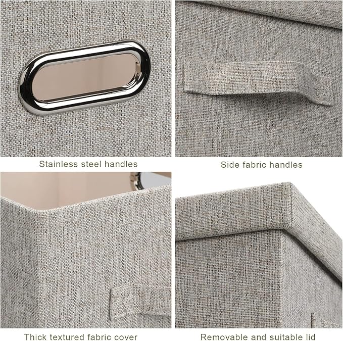 Medium 15" 21 Quart Collapsible Stackable Storage Bins with Lids, 5 Packs Beige Foldable Fabric Closet Boxes Heavy-duty Lidded Linen Cube Baskets Container Organizers and Storage