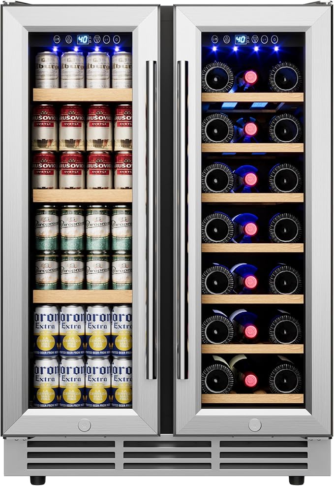 24" Wine and Beverage Refrigerator, Dual Zone Wine Cooler with Glass Door, Hold 88 Cans & 21 Bottles, Built in or Freestanding Under Counter Wine Fridge with Blue LED Light.
