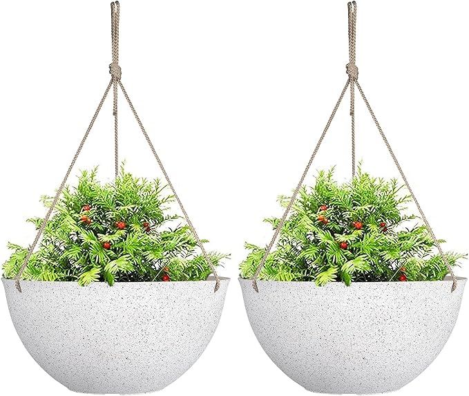 LA JOLIE MUSE Large Hanging Planters for Outdoor Plants - 13 Inch Hanging Flower Pots Set of 2, Speckled White