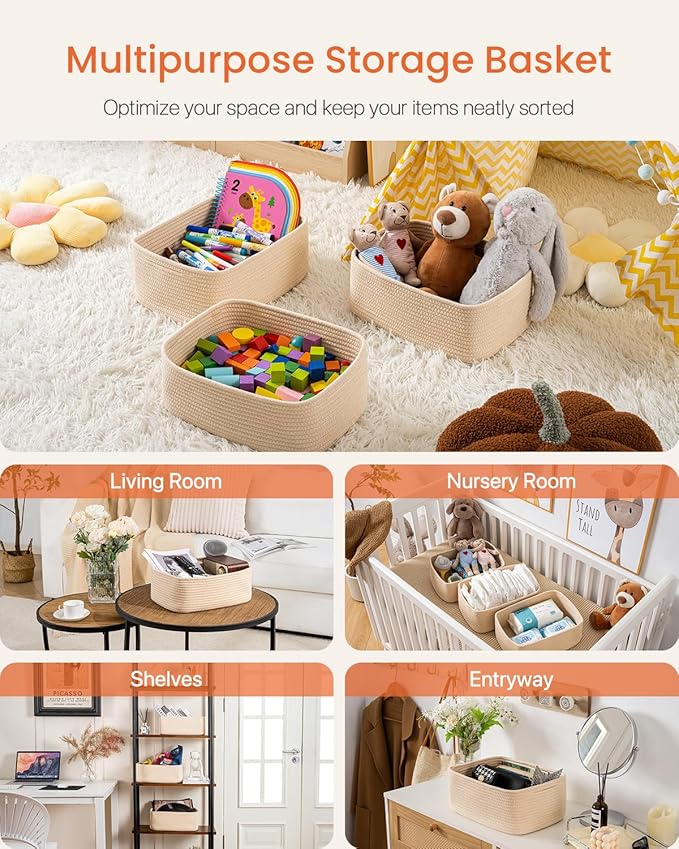 KALLAX Small Woven Basket, 13.5 x 9.5 x 5 Inches, Storage Basket for Organizing, Cute Small Rope Shelf Closet Cube Storage Bins Baskets for Shelves, Dog Toy Gift Baskets Empty, 3 Packs, Beige