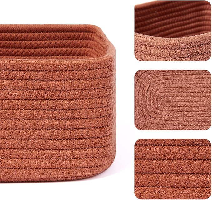 Small Storage Baskets for Organizing | Closet Organizer Bins | Shelf Toy Basket | Woven Rope Baskets | Cube Decorative Box | Shallow Basket | 11.5x7.5x4.7” | 4 Packs Oxide Red