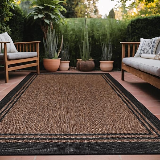 Bordered Outdoor Rug 6x9 Washable Outside Carpet for Indoor Patio Porch Waterproof Easy Cleaning Non Shedding Area Rugs Nut Brown 6 x 9