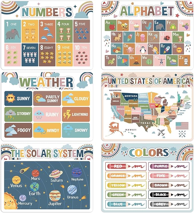 Educational Preschool Kids Placemats Set of 6 Boho Plastic Table Mats Toddler Children Montessori Place Mats for Kids Washable Holiday Desk Decoration for Indoor Outdoor Party Kitchen Dining Table