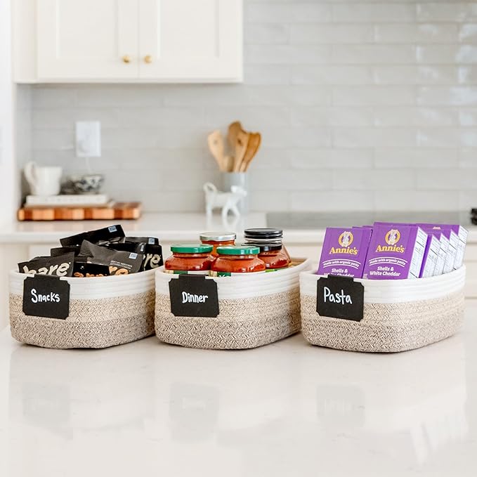 NaturalCozy 11.8"x8"x4.5” Storage Baskets for Shelves 3 Pack | Cotton Rope Woven Small Baskets for Organizing | Small Storage Bins for Nursery, Bathroom, Closet, Cube Shelf, Decorative, Gift Basket