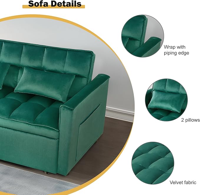 3 in 1 Sleeper Sofa Bed, Futon Sofa Bed for Living Room with Side Pocket, Green Sleepers Sofas Couch with Pullout Beds, Convertible Love Seat Sleepers Couch for Living Room, Bedroom
