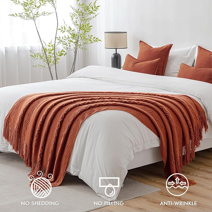 MIULEE Fall Rust Knitted Throw Blanket for Couch Boho Terracotta Textured Cozy Woven Blanket with Tassels for Sofa Chair Bed Living Room Acrylic Wave Pattern 60"x80"