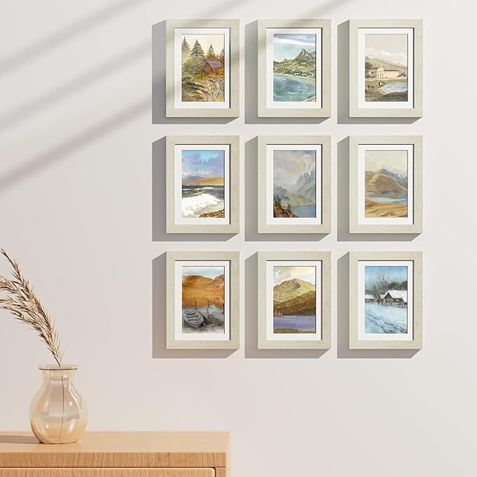 Vittanly 5x7 Picture Frames Set of 9, Shatter Resistant Plexiglass, Display 4x6 Pictures with Mat or 5x7 without Mat, Photo Frames for Wall or Tabletop, Engineered Wood, Whitemist