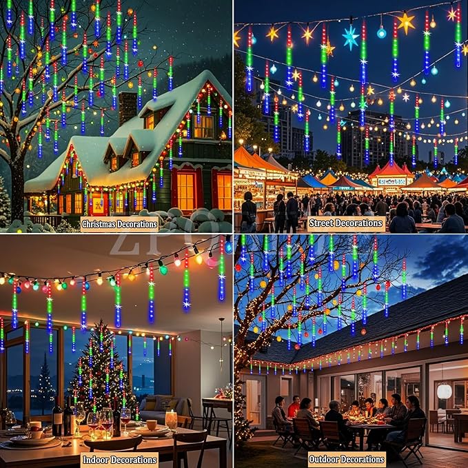 Meteor Shower Lights Outdoor Christmas Lights 24-Tube 576LEDs Snow Falling Rain Cascading Icicle Light for Christmas Tree Decorations Wedding Party Holiday Garden Decor, UL Plug Multi Color