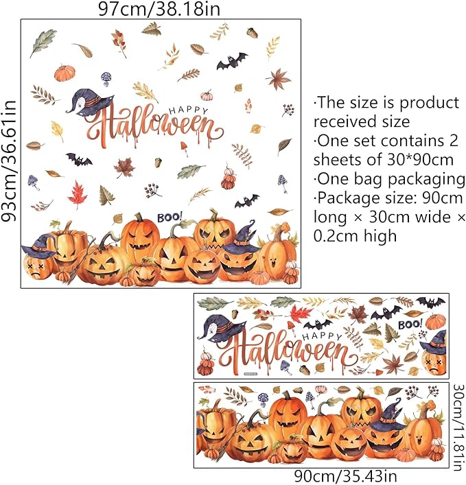 clothmile 38.18 x 36.15 Inch Halloween Wall Decals Halloween Pumpkins Bat Leaves Wall Stickers Removable Halloween Peel and Stick Sticker for Halloween Party Supplies Home Window Decor