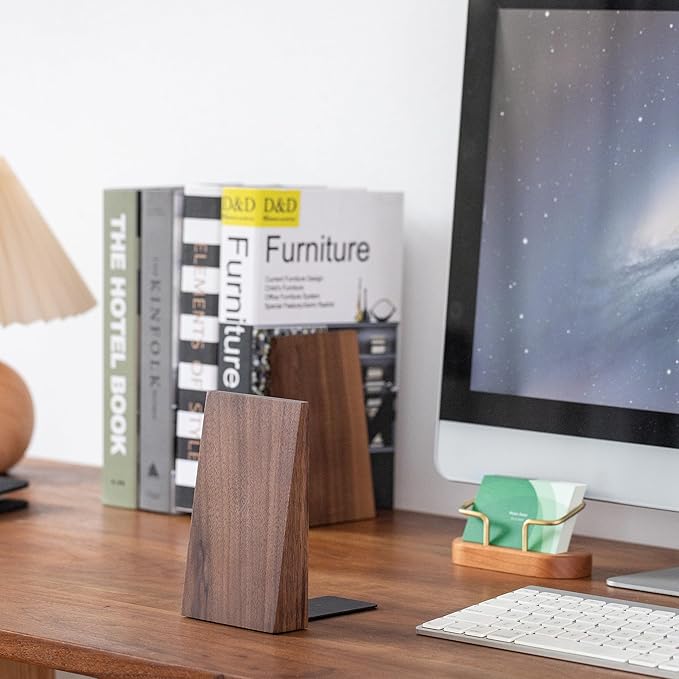Muso Wood Thickened Wooden Bookends for Heavy Books, Creative Decorative Non-Skid Handmade Walnut Wood Ends for Shelves