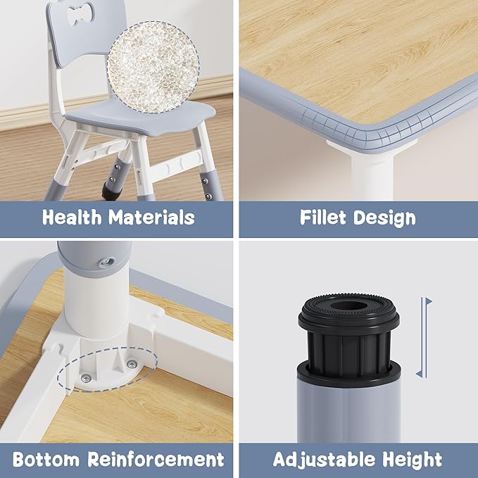 Brelley Kids Table and 4 Chairs Set, Height Adjustable Toddler Desk and Chair Set, Graffiti Desktop, Non-Slip Legs, Max 300lbs, Children Multi-Activity Table for Ages 2-8