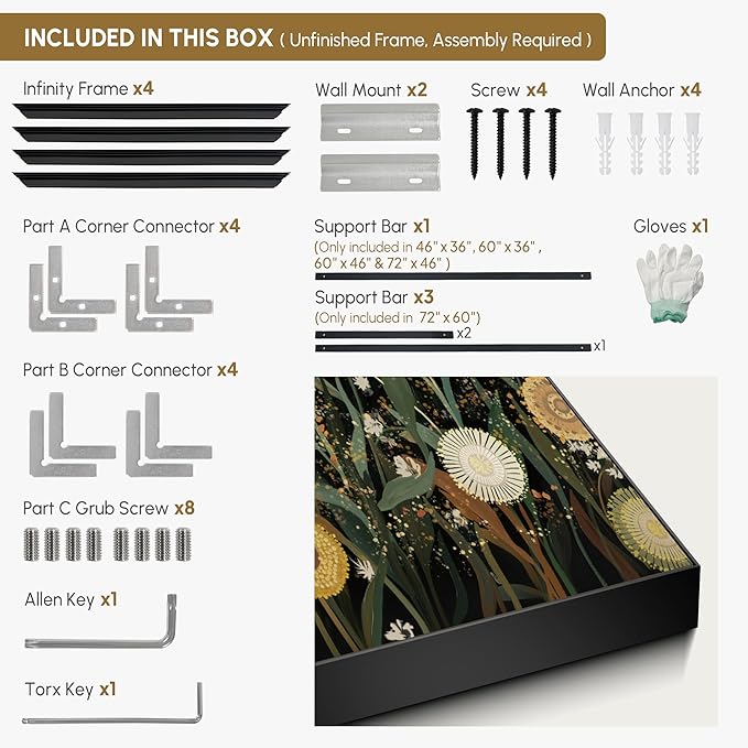 SIGNWIN 46"x60" Extra Large Framed Wall Art Whimsical Dandelion Field in Yellow and Green, Playful Botanical Print for Home Living Room Bedroom Decor (Frame Assembly Required)
