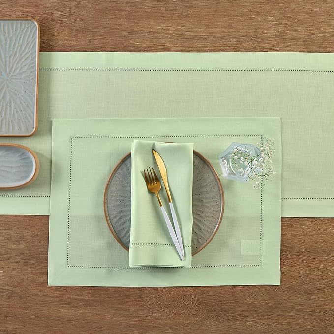 Solino Home Linen Hemstitch Table Runner 108 Inches Long - 100% Pure Linen Light Green Table Runner 14 x 108 Inch - Classic Hemstitch