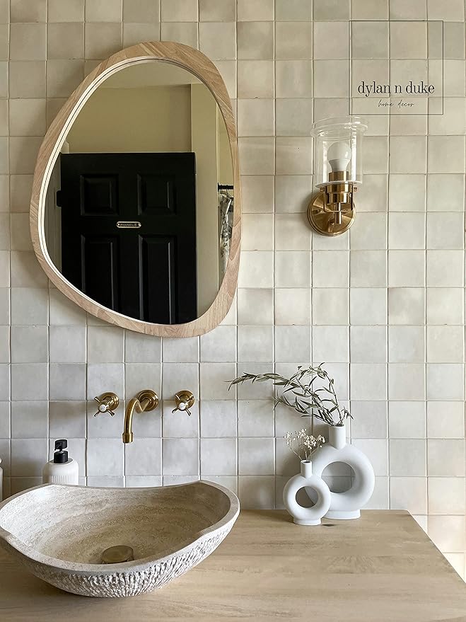 Irregular Wood Frame Boho Mirror - Large Wall Mounted Accent, Asymmetrical, Modern Aesthetic Wall Decor for Bedroom, Entryway, Living Room, Bathroom (Natural)