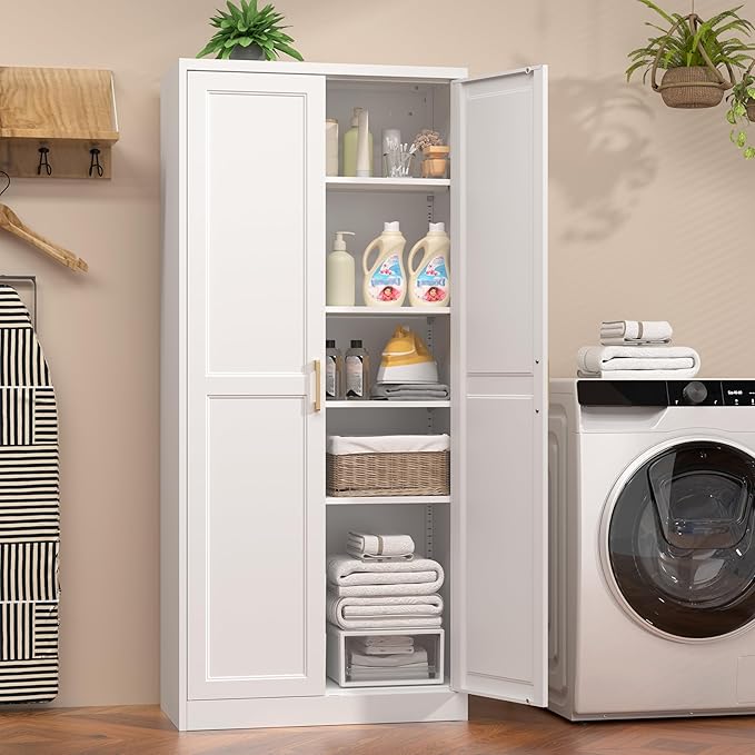 71" Tall Metal Pantry Cabinet, White Kitchen Pantry Storage Cabinet with 4 Adjustable Shelves and Gold Handles, Cupboard for Kitchen, Dining Room, Living Room, Bathroom