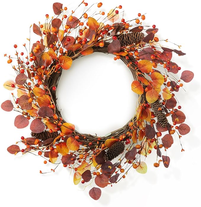 Glitzhome 22" D Fall Eucalyptus Berry Wreath, Artificial Wreaths Rustic Hanging Ornaments for Fall Front Door Wall Decor