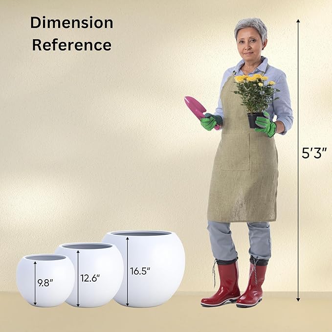 DTY Signature Mount Sherman Lightweight Durable Modern Fiberstone Sphere Planter for Indoor & Outdoor Drainage Hole & Rubber Plug Weather Resistant, 17" H x 21" Dia, 14.4" Opening - Large, White