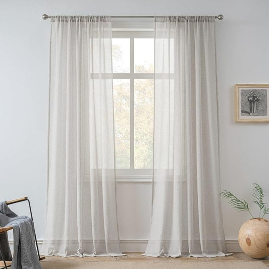 FMFUNCTEX Linen Sheer Curtains for Bedroom, Grey Curtains 96 inches Long for Living Room, Gray Farmhouse French Flax Blend Window Draperies, Rod Pocket 2 Panels Set