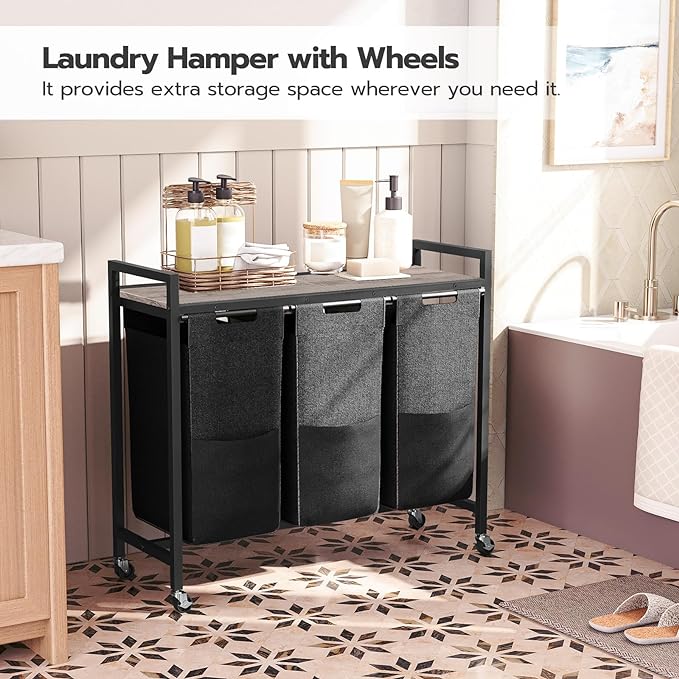 HOOBRO Laundry Sorter 3 Section, Laundry Hamper with Wheels, 3 × 11.5 Gal (43.4L), Rolling Laundry Basket, Pull-Out and Removable Oxford Fabric Bags, Greige and Black BG76XY01