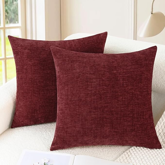 CaliTime Throw Pillow Covers Decorative 26 X 26 Inches Pack of 2 Cozy Chenille Cushion Cases for Couch Sofa Bed Living Room Home Burgundy