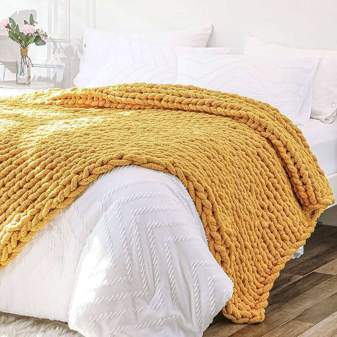 Bigacogo Chunky Knit Throw Blanket for Couch, 40x80 inches, 100% Hand Knitted with Thick Jumbo Chenille Yarn, Cozy Soft Large Rope Knot Cable Crochet Blankets for Sofa Bed Living Room, Mustard Yellow