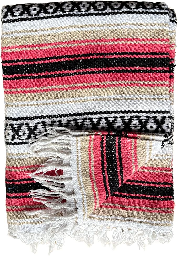 Del Mex Classic Mexican Blanket, Large Authentic Woven Falsa Throw (70"x50"), Artisan Southwest Décor for Beach, Yoga, Outdoors (Pink/Tan)