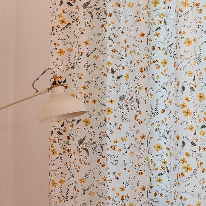 Sutuo Home Boho Curtain Semi-Blackout Yellow Florals Print Cotton Linen Fabric, Handmade Tassels Rod Pocket Bohemian Farmhouse Country Window Drapes for Living Bedroom, 59" W x 84" L, 1 Panel