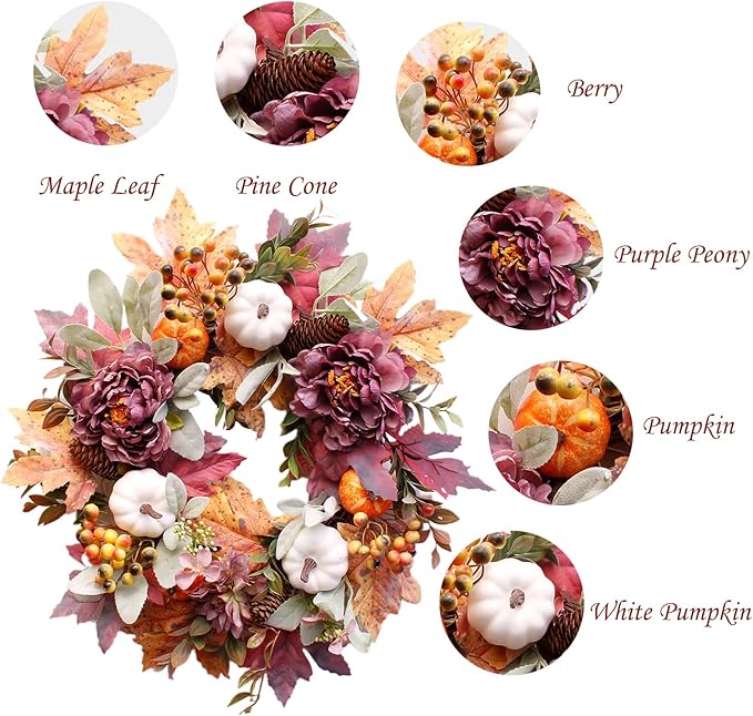 20Inch Fall Wreaths for Front Door,Fall Wreath,Fall Decorations for Home,Autumn Wreaths with White Pumpkins Peony Pine Cones, Fall Door Wreath for Thanksgiving Halloween Indoor Outdoor Decor