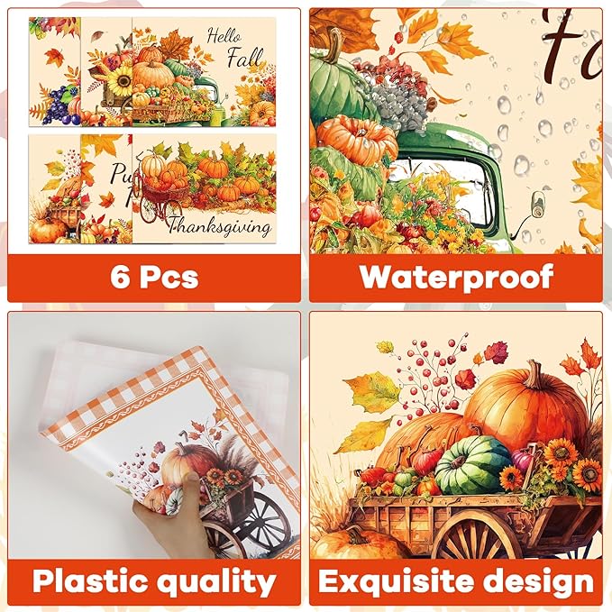 Thanksgiving Placemats Set of 6 Fall Plastic Table Mats Thanksgiving Day Place Mat Autumn Harvest Place Mats Washable Rustic Pumpkins Table Decoration for Indoor Outdoor Party Kitchen Dining
