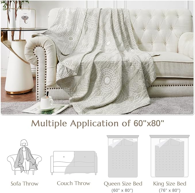 JINCHAN Boho 100% Cotton Muslin Blanket 3-Layer Twin Size Geometric Lightweight Reversible Soft Cozy Throw for Couch Sofa Bed All Season Coverlet Gift Bedroom Living Room Decor Light Grey 60x80 Inches